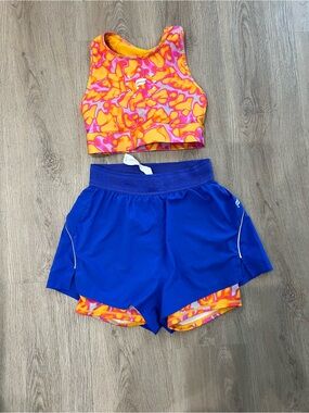 Fabletics Orange & Pink Patterned Sports Bra with Blue Mesh Running Shorts